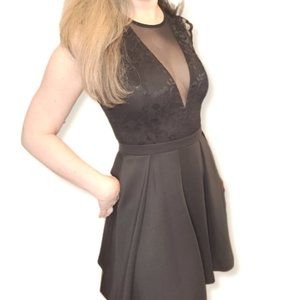 DYNAMITE Black Dress with Plunge V Mesh Neckline and Lace Top Size XS
